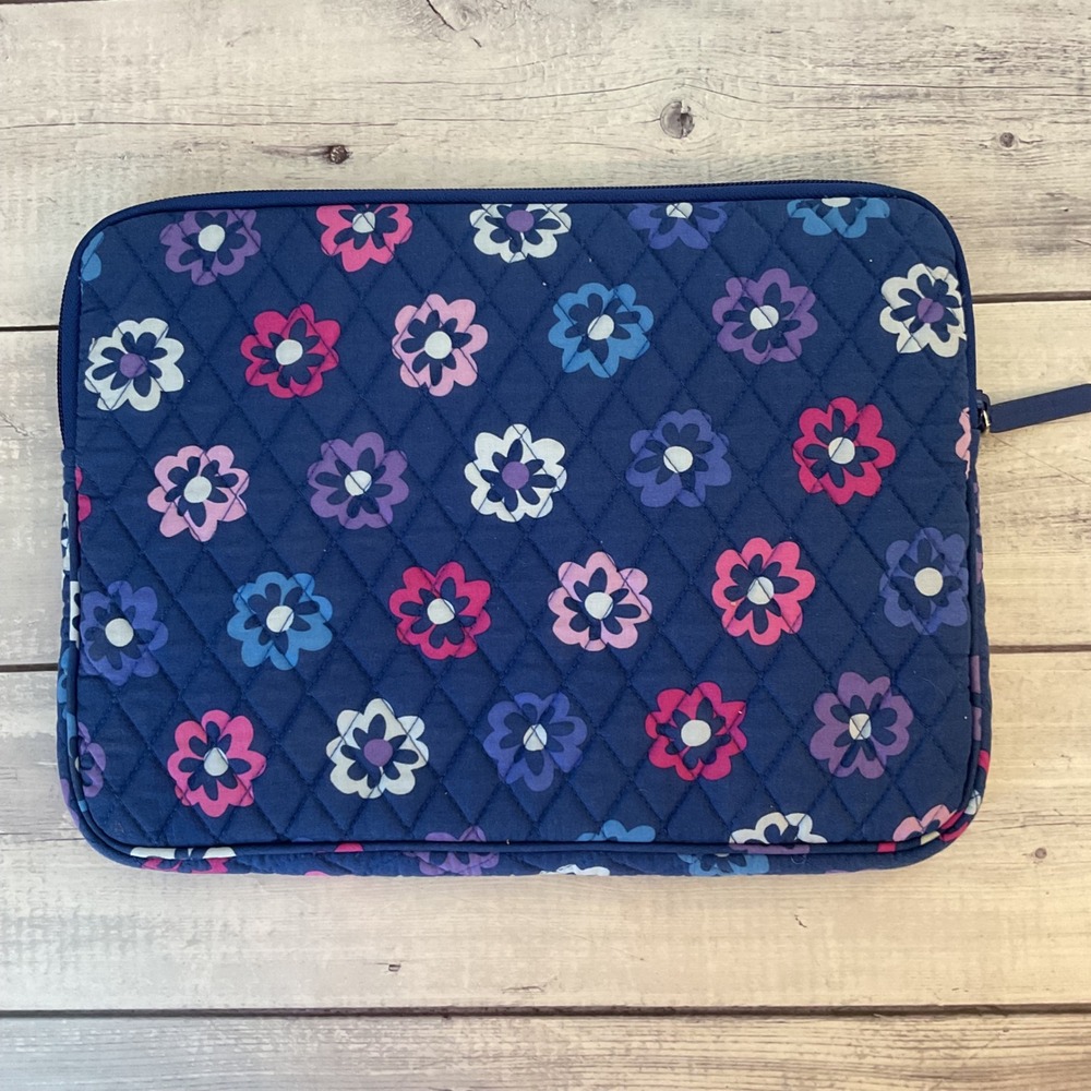 Vera Bradley Ellie Flowers Quilted Laptop‎ Tablet Sleeve Case Blue Pink Zipper